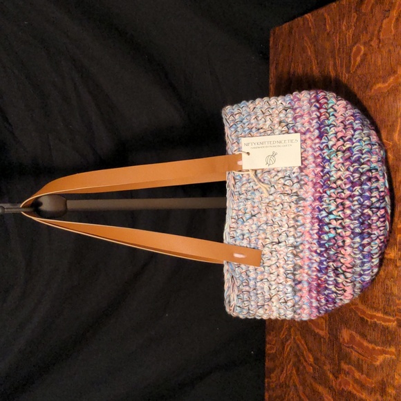 Hand Crafted Handbags - NWT! Handmade Crochet Multicolor Market Basket Tote Tan Faux Leather Straps